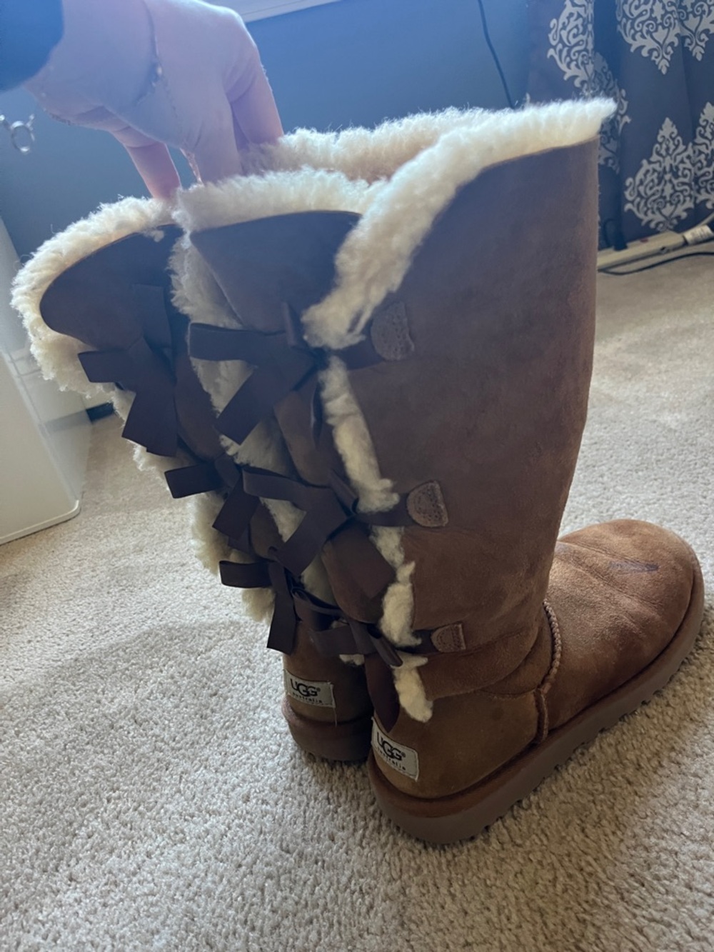 UGG Tall Shearling Boots with Back Bows in Chestnut and Cream